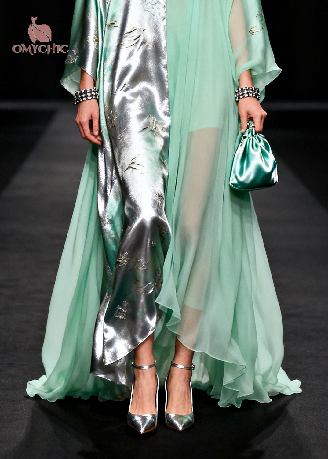 Two Tone Split Panel Deep V-Neck Kaftan Sleeve Layered Chiffon Maxi Gown