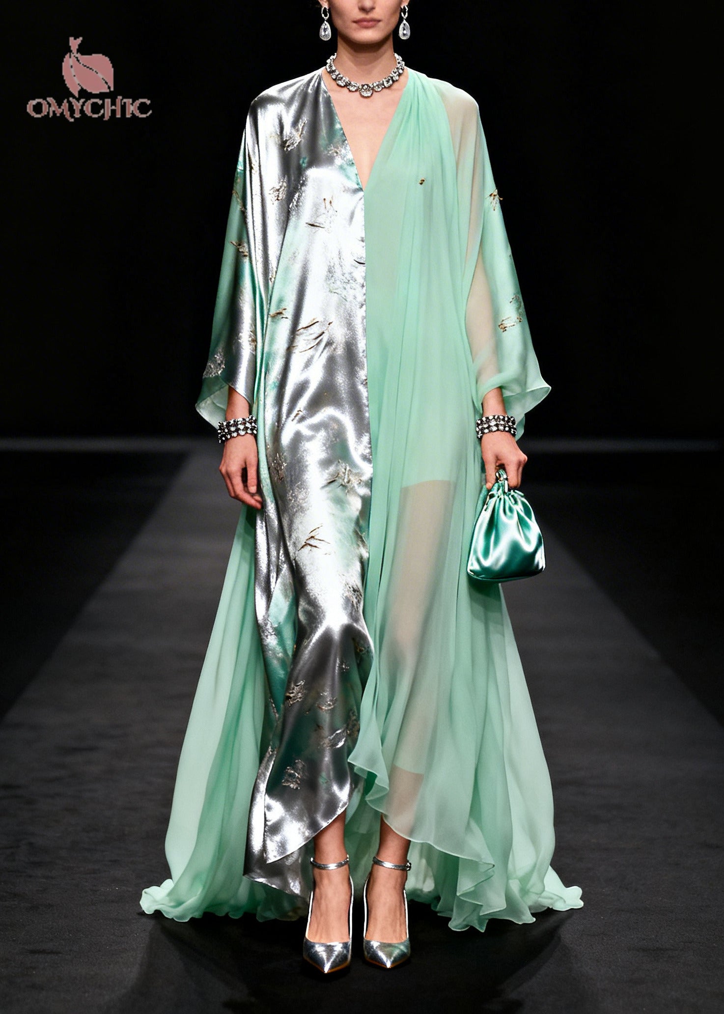 Two Tone Split Panel Deep V-Neck Kaftan Sleeve Layered Chiffon Maxi Gown