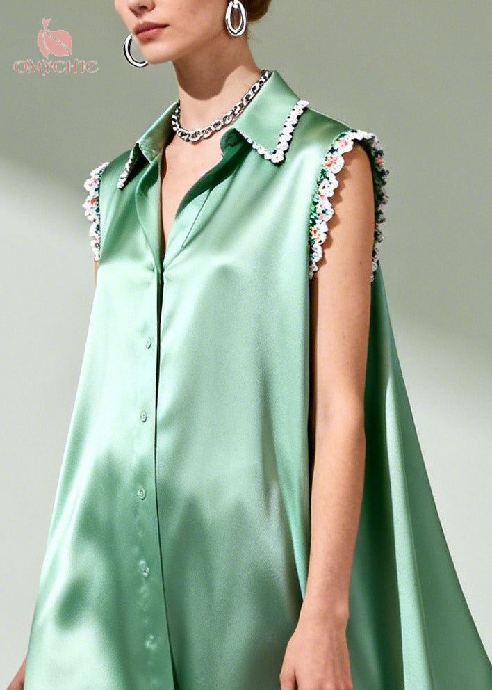 Satin Lace Trim Collar Button Down Sleeveless Oversized Shirt Maxi Dress