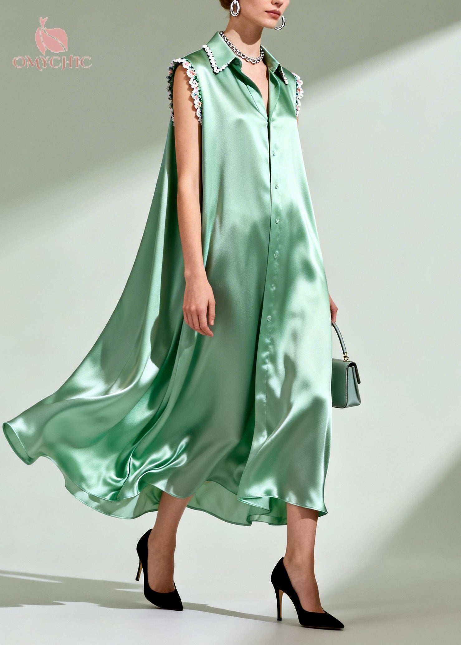 Satin Lace Trim Collar Button Down Sleeveless Oversized Shirt Maxi Dress