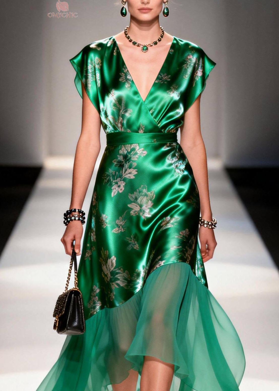 Cap Sleeve V-Neck Wrap Floral Satin Tiered Chiffon Midi Dress