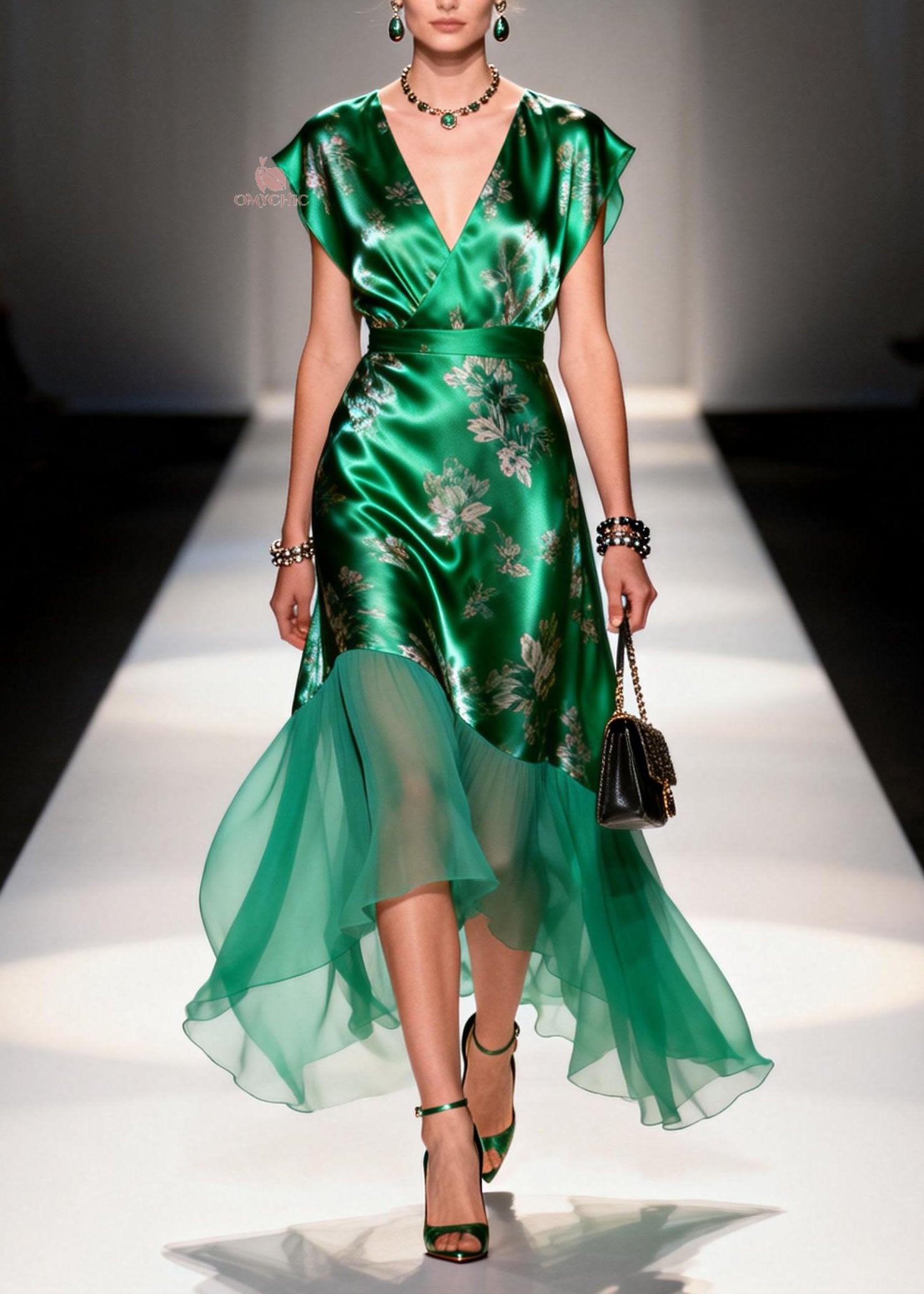 Cap Sleeve V-Neck Wrap Floral Satin Tiered Chiffon Midi Dress
