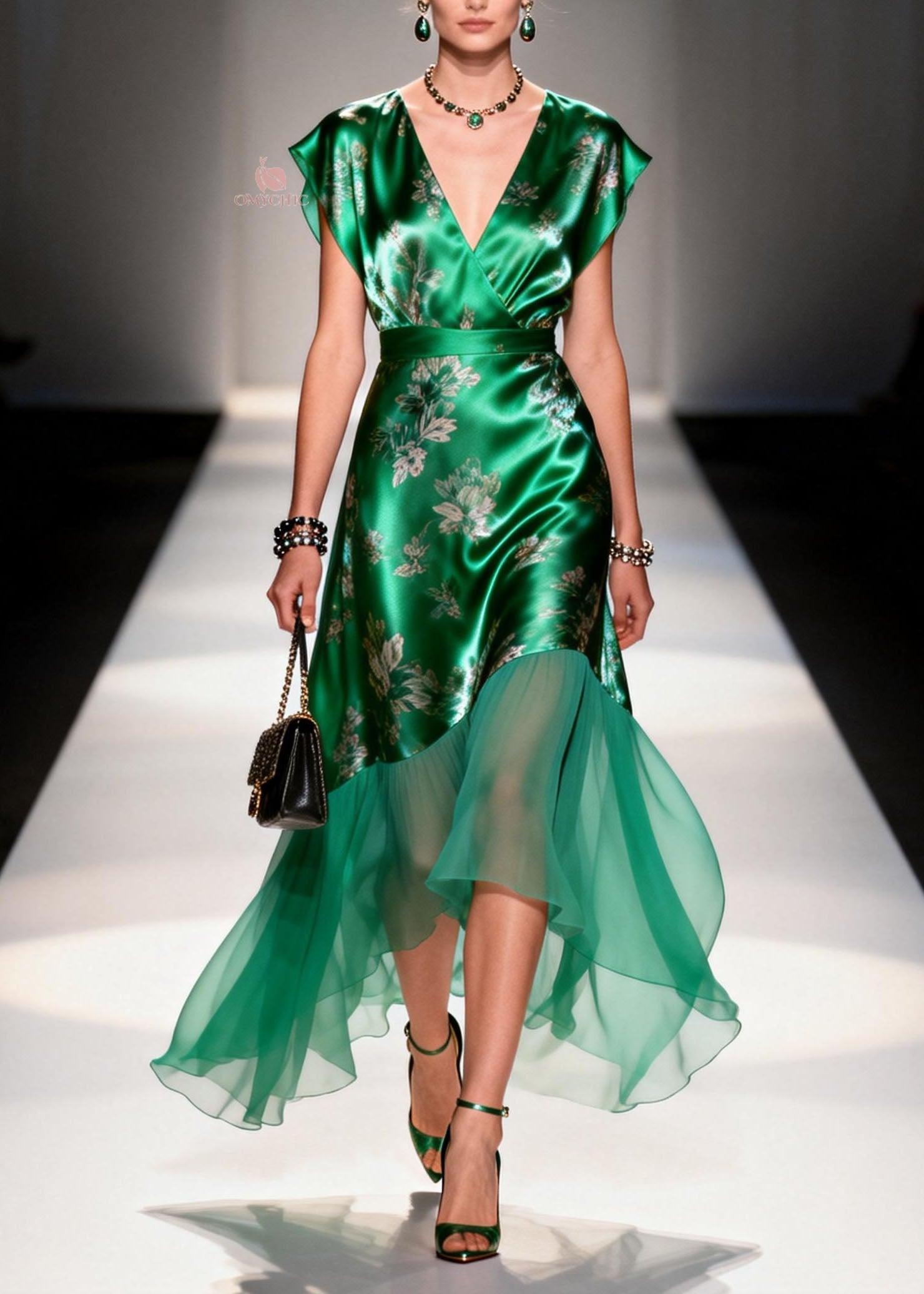 Cap Sleeve V-Neck Wrap Floral Satin Tiered Chiffon Midi Dress