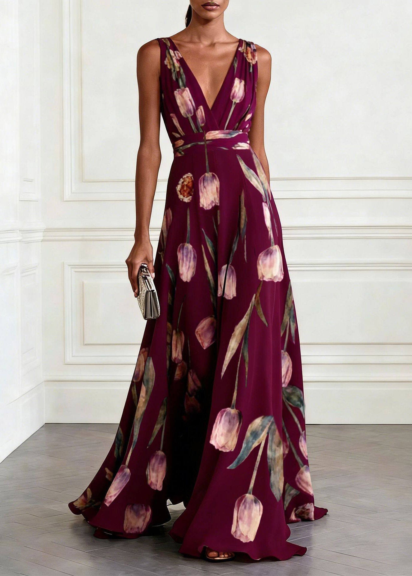 Organic Light Blue V Neck Print Chiffon Maxi Dress - View 2