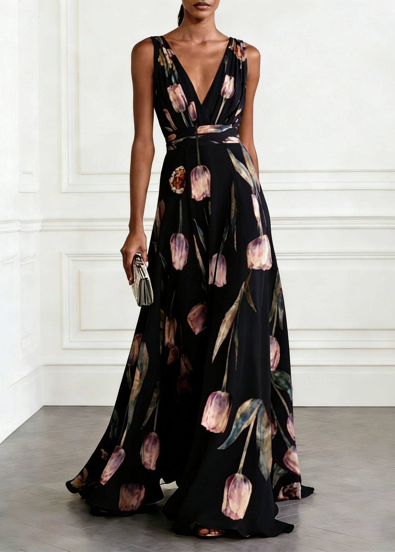 Organic Light Blue V Neck Print Chiffon Maxi Dress - View 3