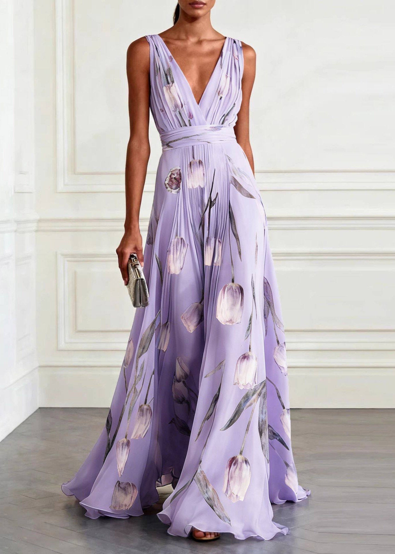 Organic Light Blue V Neck Print Chiffon Maxi Dress - View 4