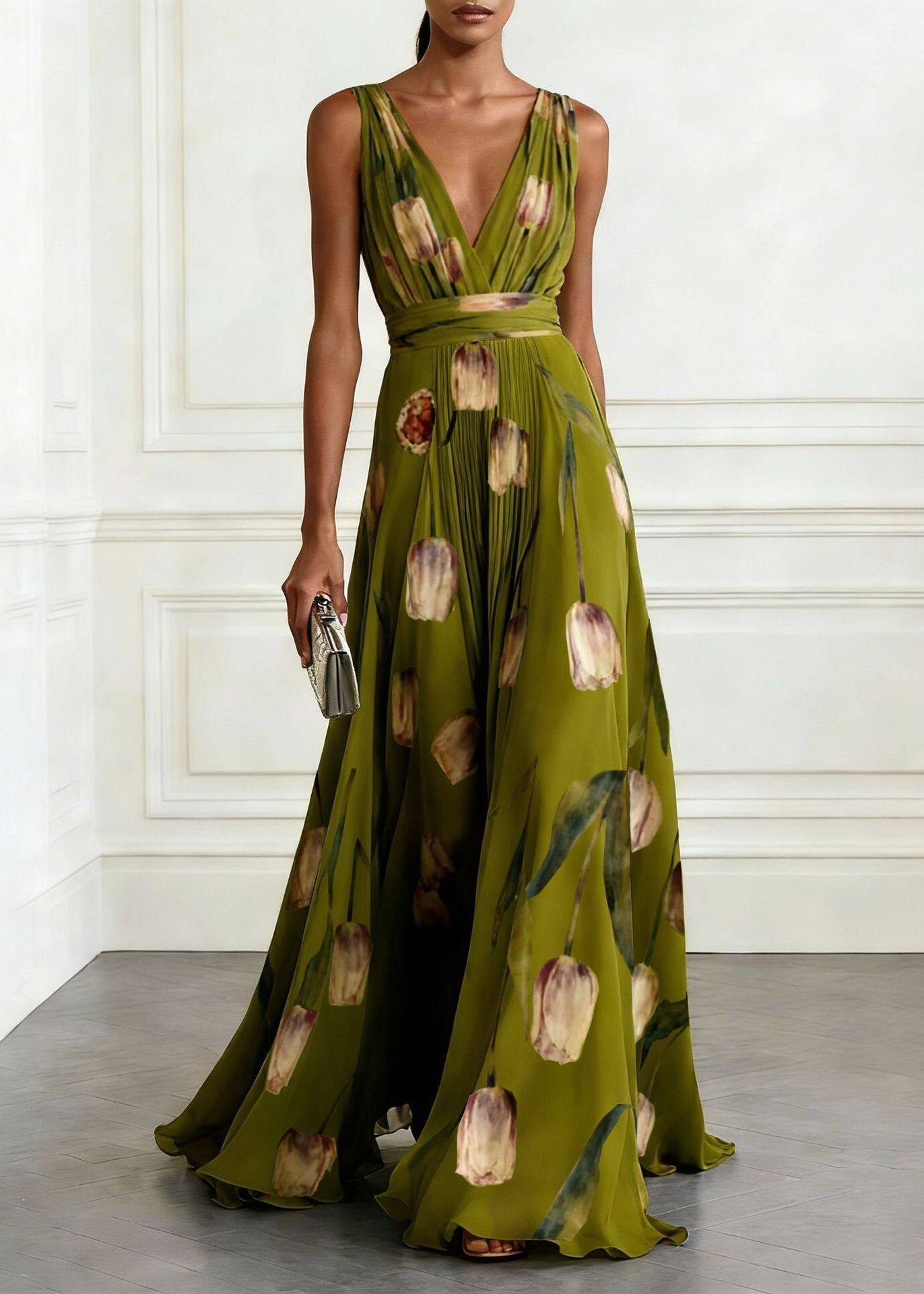 Organic Light Blue V Neck Print Chiffon Maxi Dress - View 5