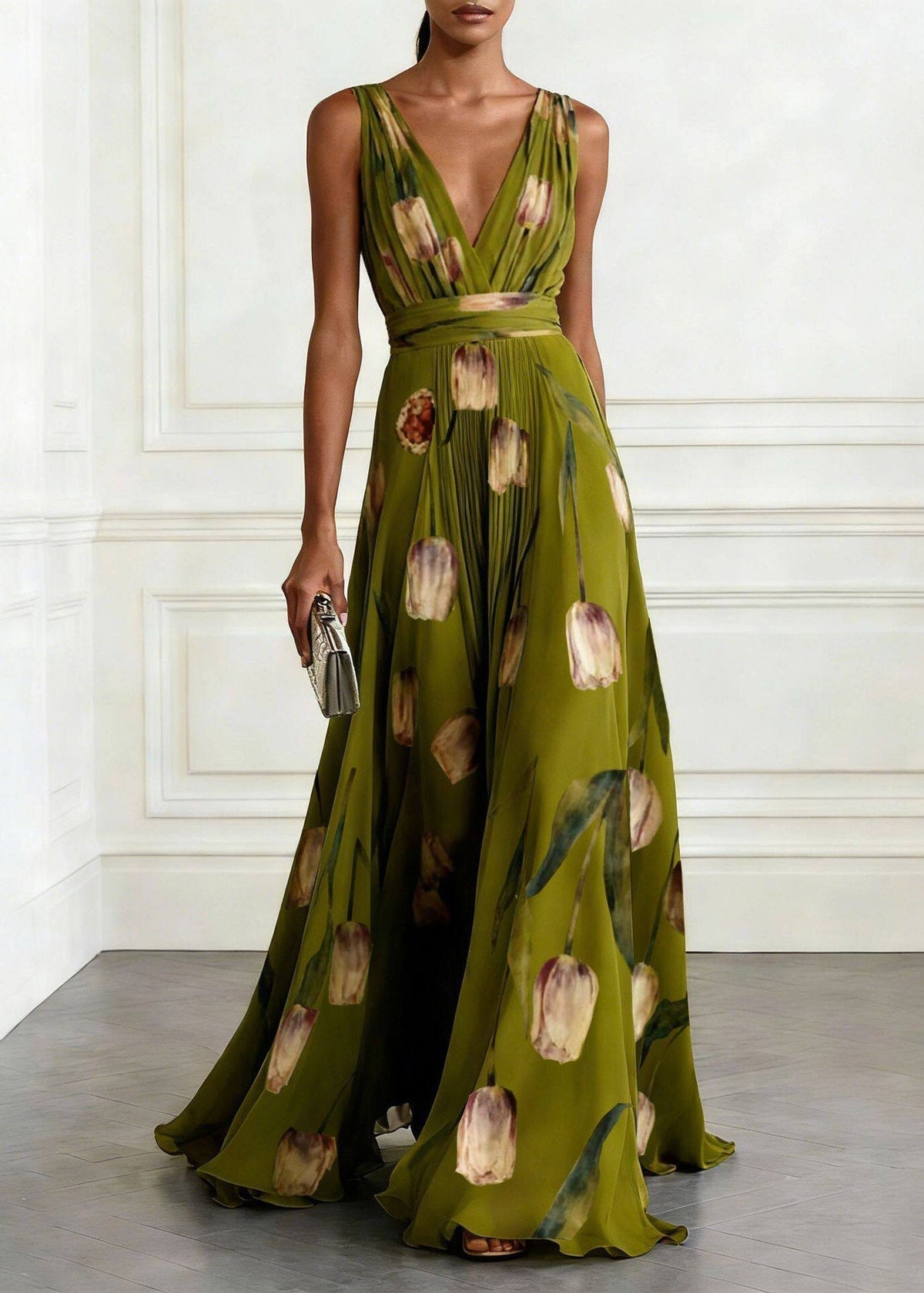Tulip Print Deep V-Neck Sleeveless Pleated Chiffon A-Line Maxi Dress 5