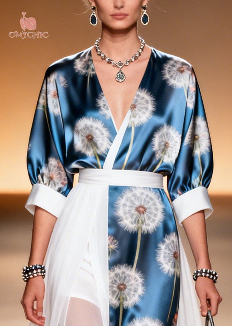 Chiffon Dandelion Print Wrap V-Neck Puff Sleeve Belted Asymmetric Layer Maxi Dress