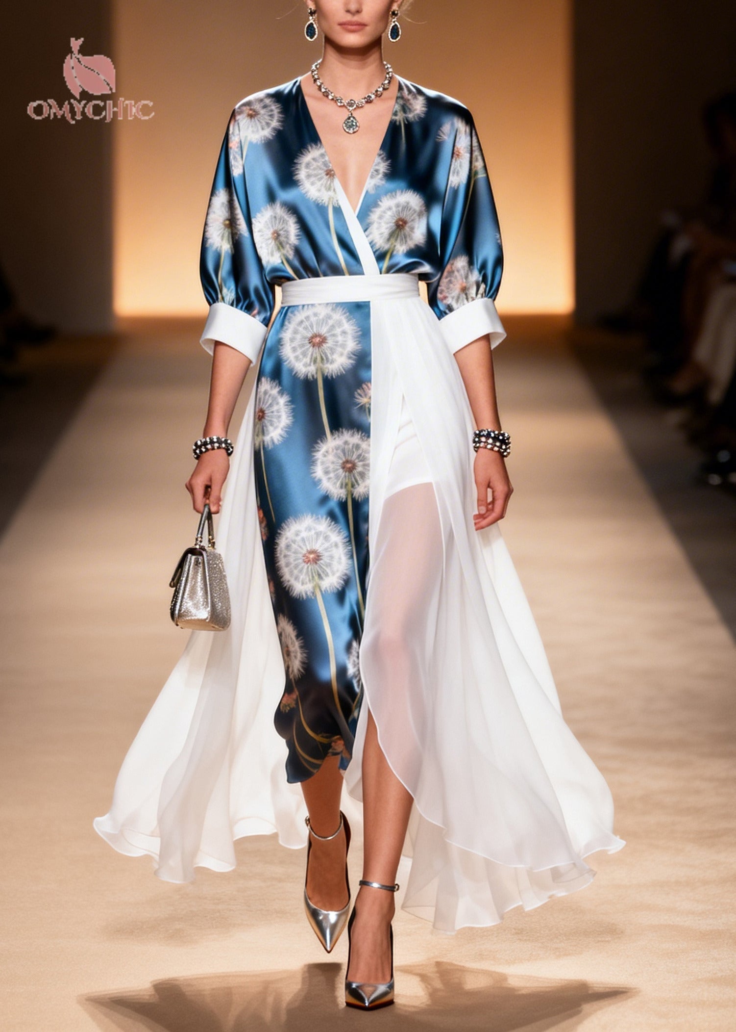 Chiffon Dandelion Print Wrap V-Neck Puff Sleeve Belted Asymmetric Layer Maxi Dress