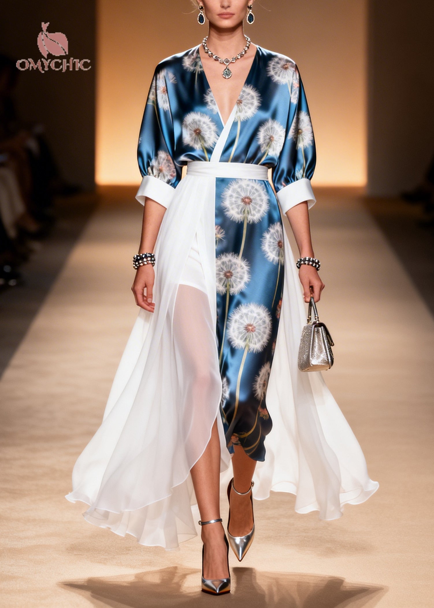 Chiffon Dandelion Print Wrap V-Neck Puff Sleeve Belted Asymmetric Layer Maxi Dress
