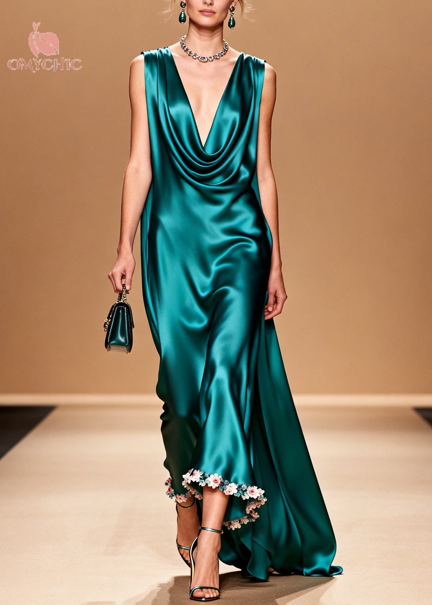 Organic Peacock Green Turtle Neck Floral Silk Maxi Dress Summer - View 3