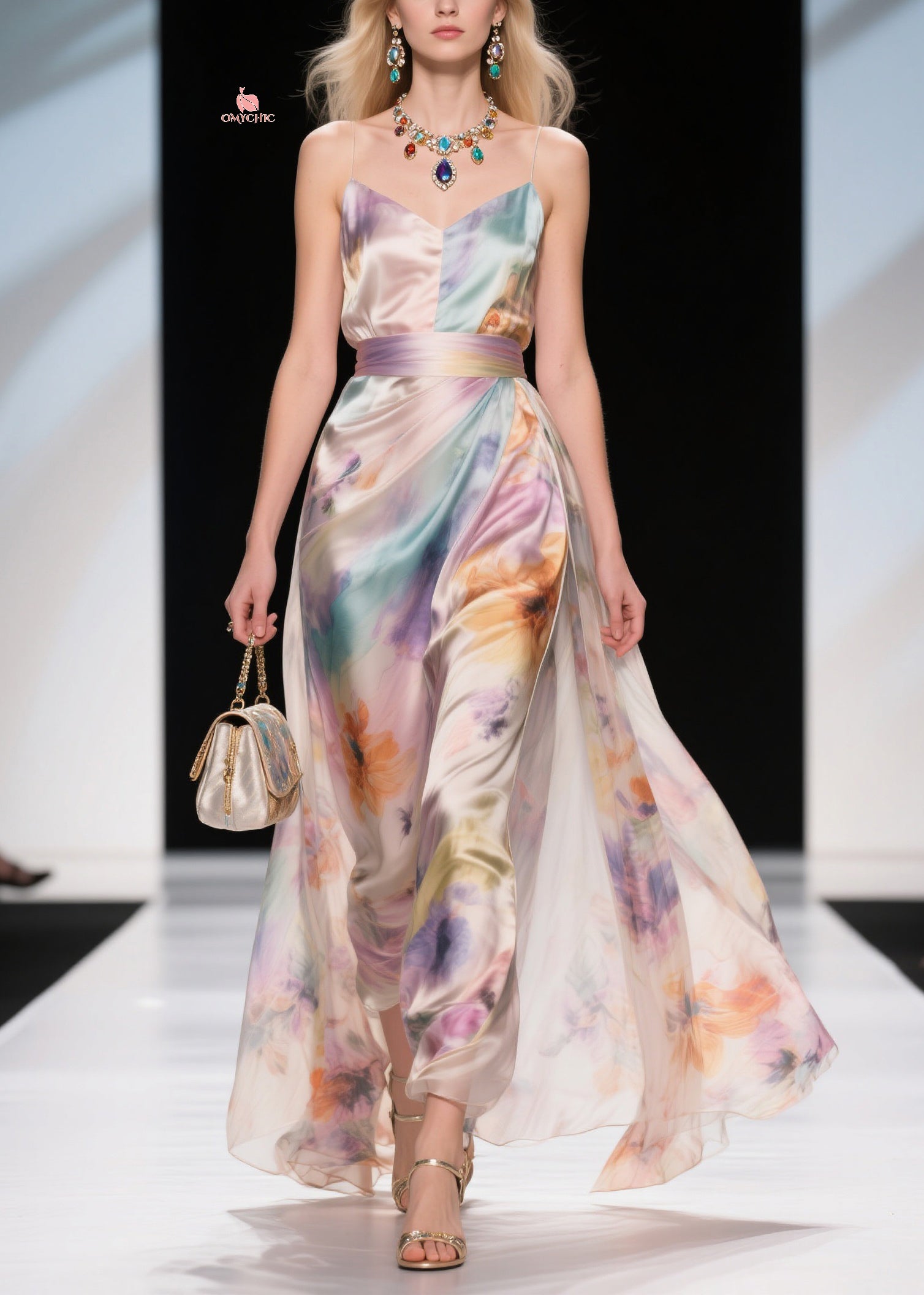 Satin Spaghetti Strap V-Neck Pleated Waist Band High Split Floral Maxi Gown
