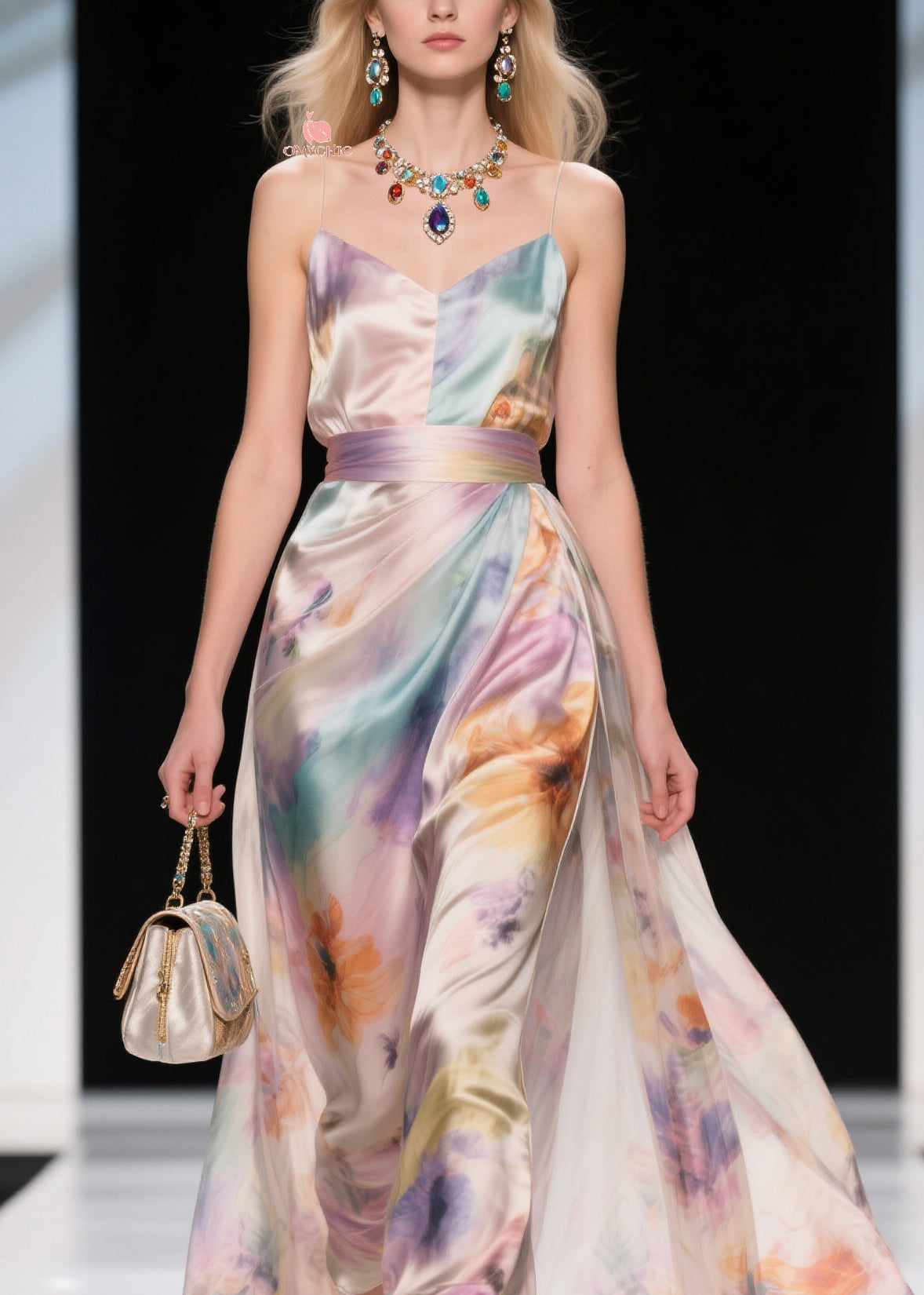 Satin Spaghetti Strap V-Neck Pleated Waist Band High Split Floral Maxi Gown