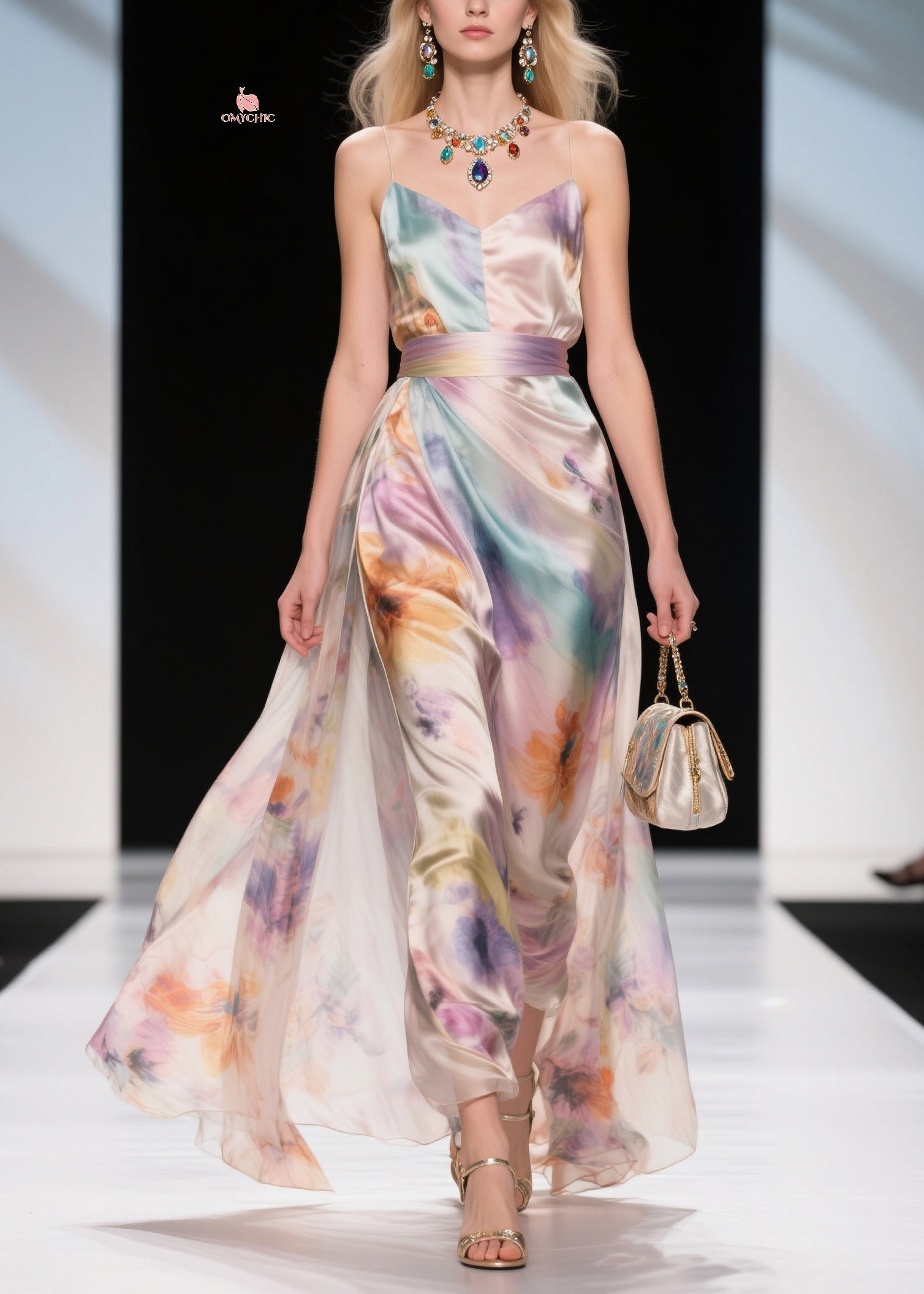 Satin Spaghetti Strap V-Neck Pleated Waist Band High Split Floral Maxi Gown