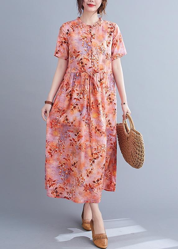 Floral Print Short Sleeve Button Front Drawstring Waist Midi Dress