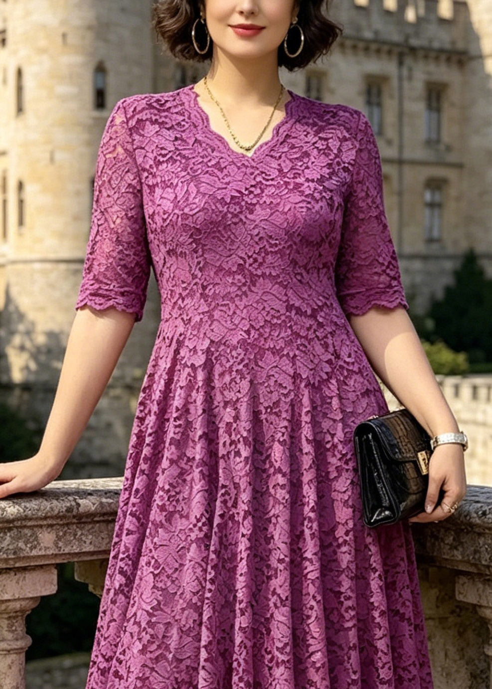 Lace Floral V-Neck Elbow Sleeve Scalloped Trim Fit and Flare Midi Dress