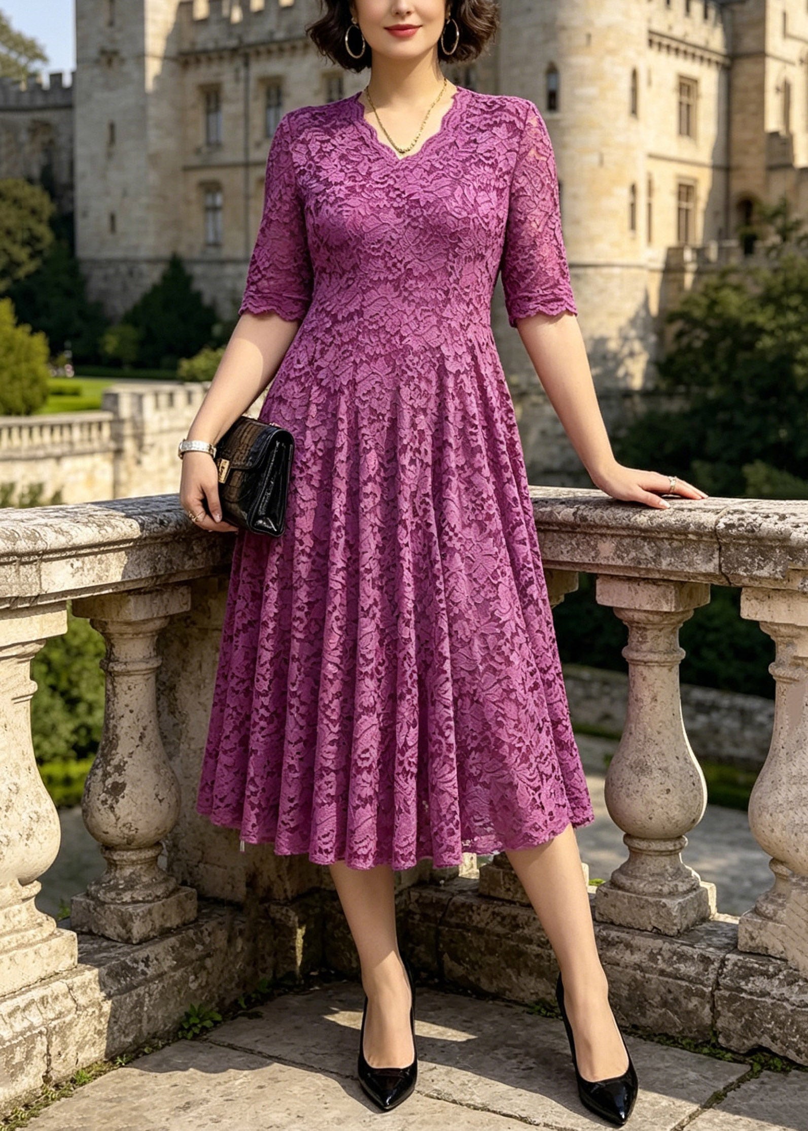 Lace Floral V-Neck Elbow Sleeve Scalloped Trim Fit and Flare Midi Dress