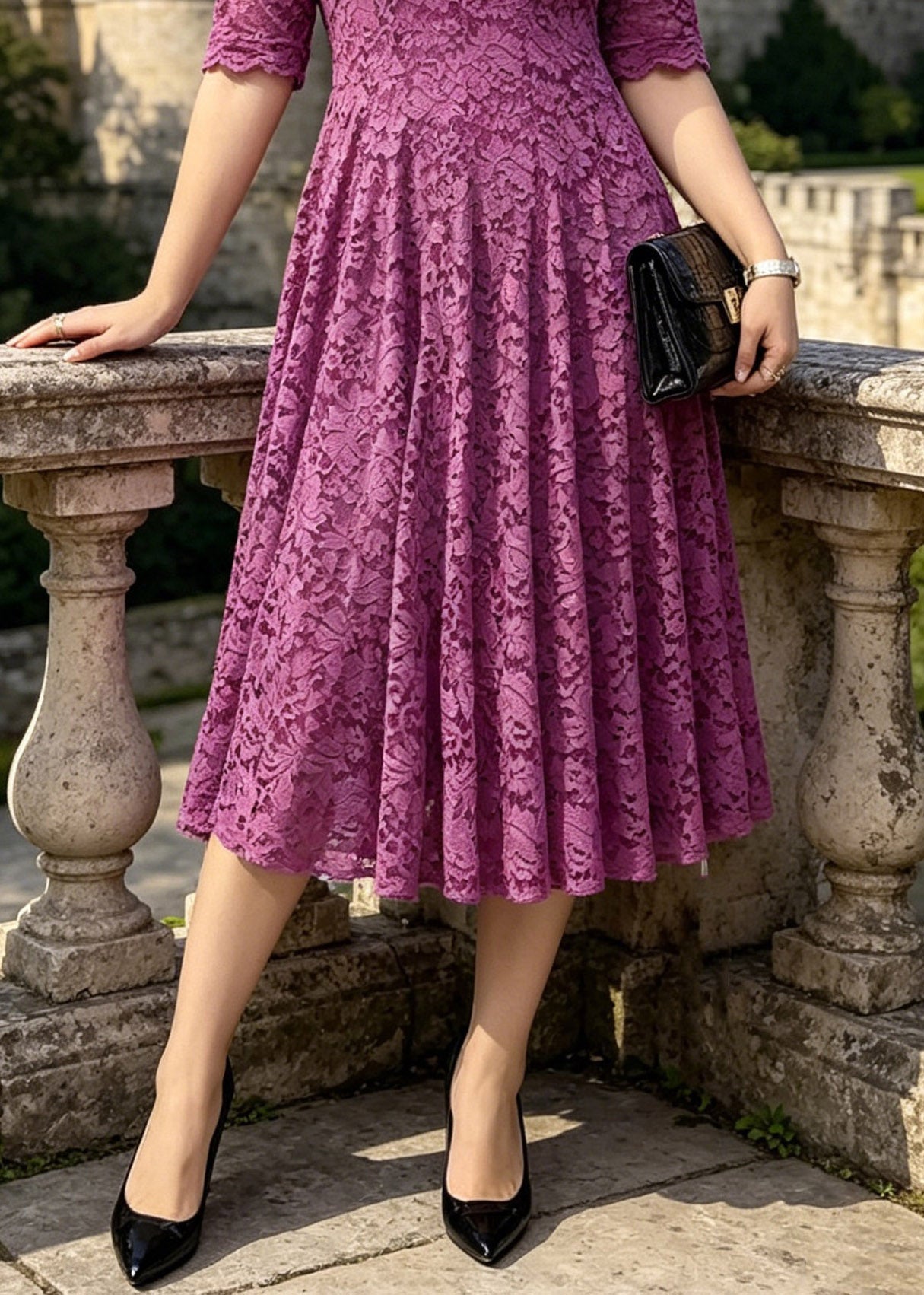 Lace Floral V-Neck Elbow Sleeve Scalloped Trim Fit and Flare Midi Dress