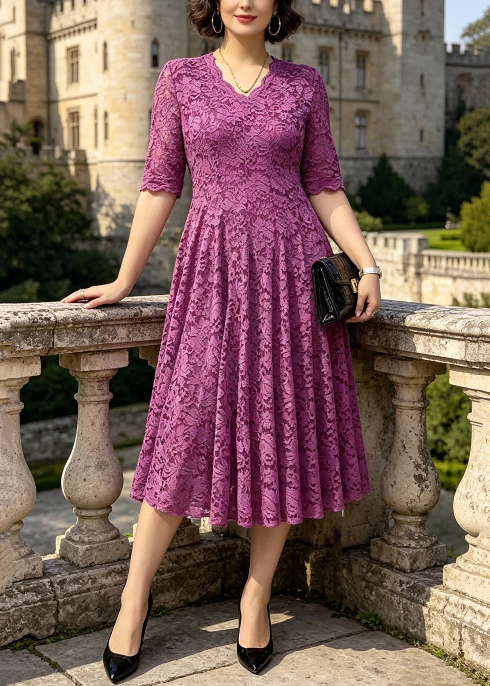 Lace Floral V-Neck Elbow Sleeve Scalloped Trim Fit and Flare Midi Dress