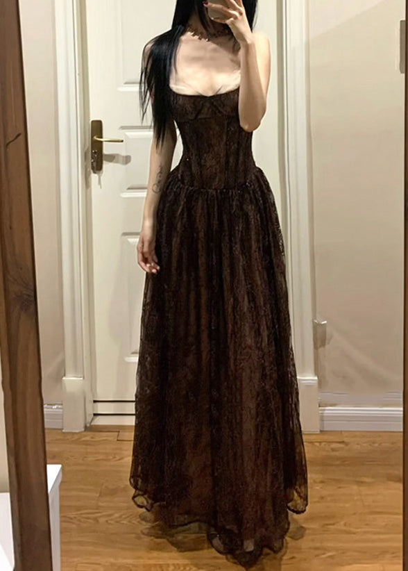 Lace Spaghetti Strap Sweetheart Corset A-Line Maxi Dress