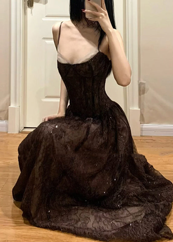 Lace Spaghetti Strap Sweetheart Corset A-Line Maxi Dress