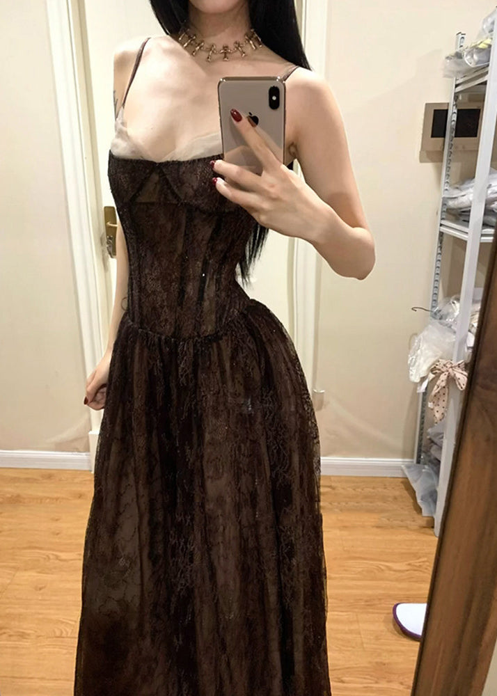 Lace Spaghetti Strap Sweetheart Corset A-Line Maxi Dress