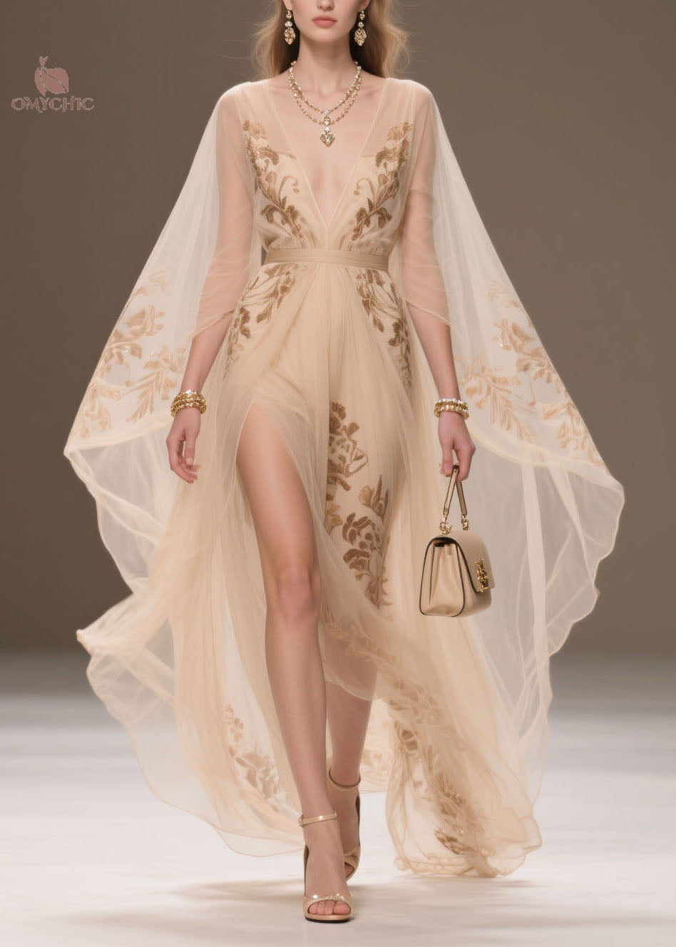 Floral Embroidery Deep V-Neck Cape Sleeve High Split Sheer Chiffon Maxi Gown