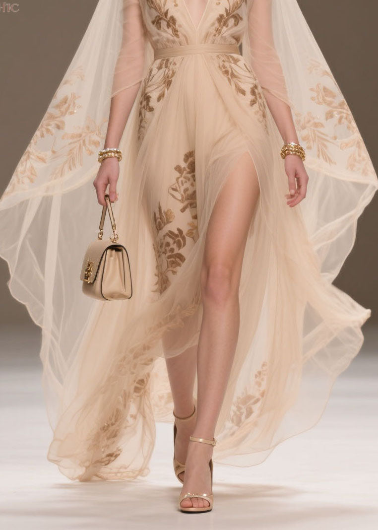 Floral Embroidery Deep V-Neck Cape Sleeve High Split Maxi Gown - View 4