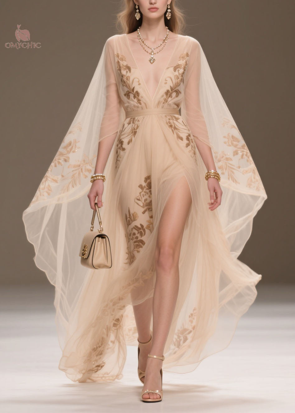 Floral Embroidery Deep V-Neck Cape Sleeve High Split Sheer Chiffon Maxi Gown