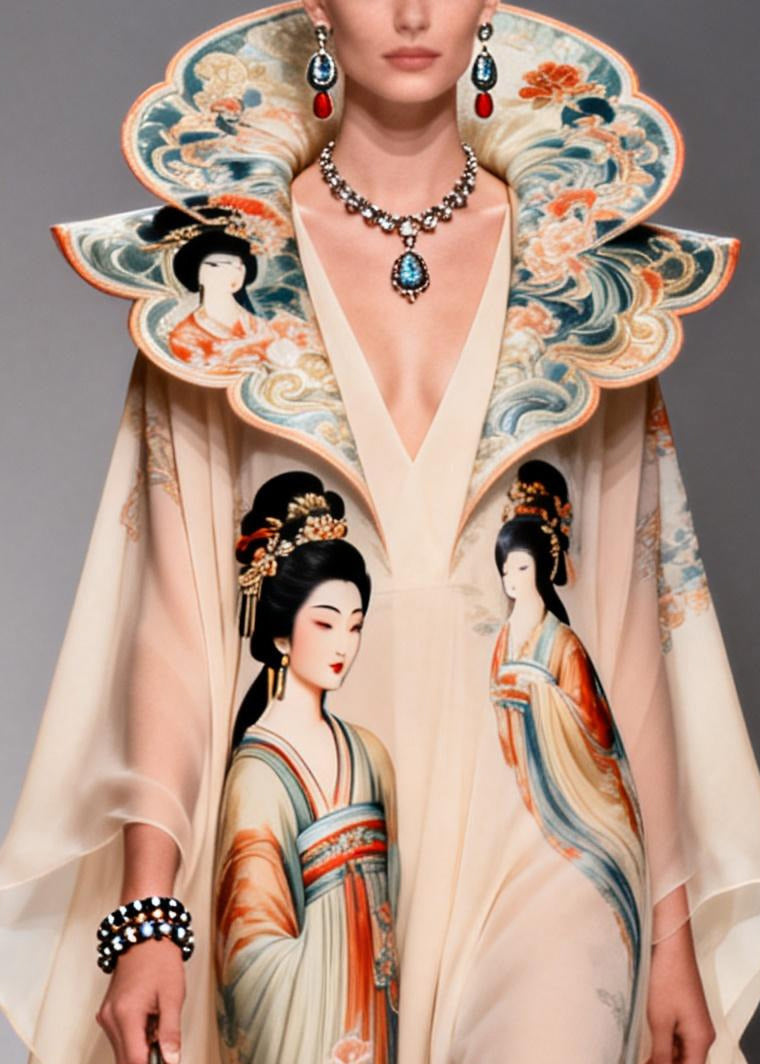 Original Design Apricot Peter Pan Collar Print Chiffon Maxi Dresses Summer 2