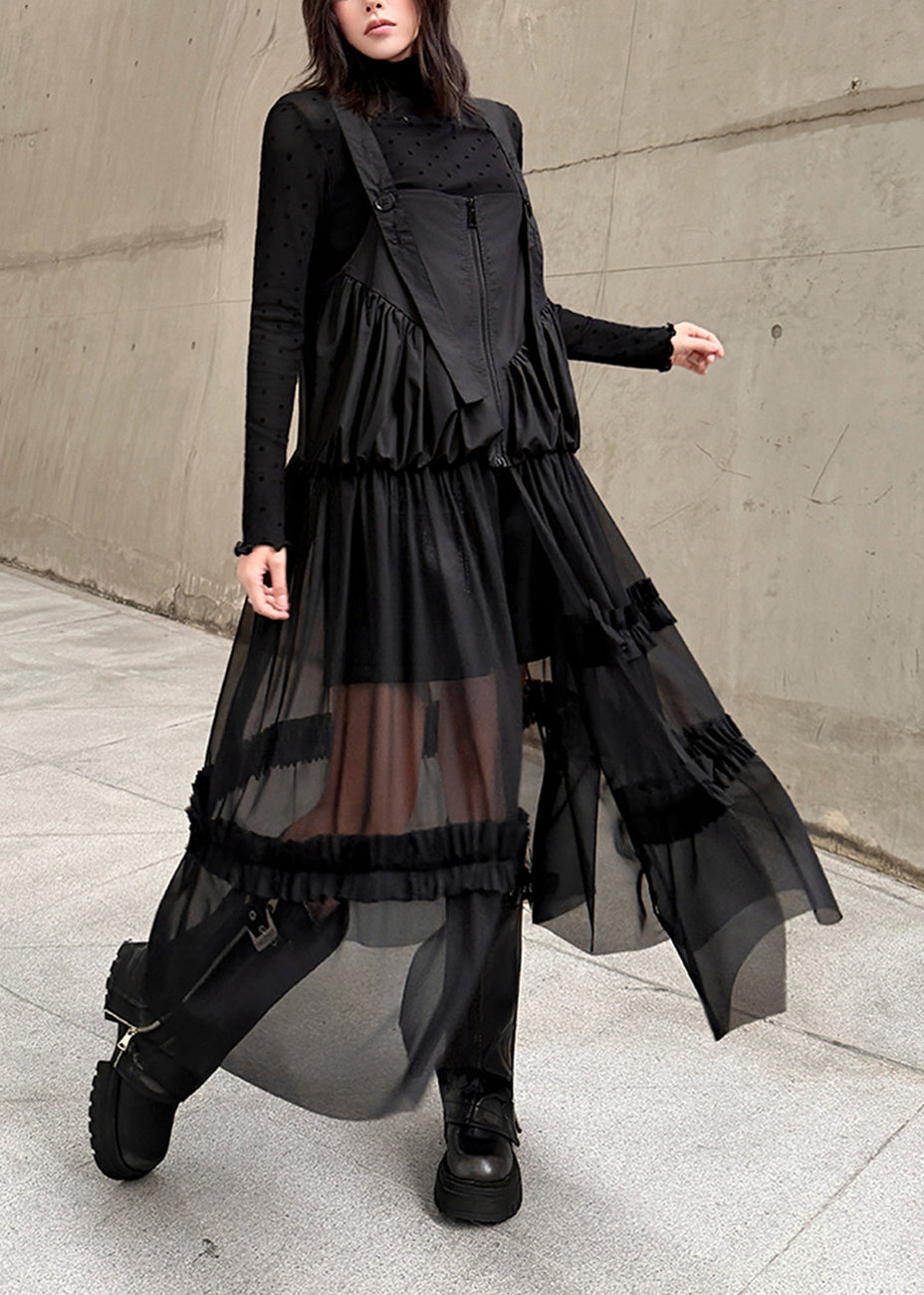 Original Design Black Ruffled Patchwork Tulle Strap Dress