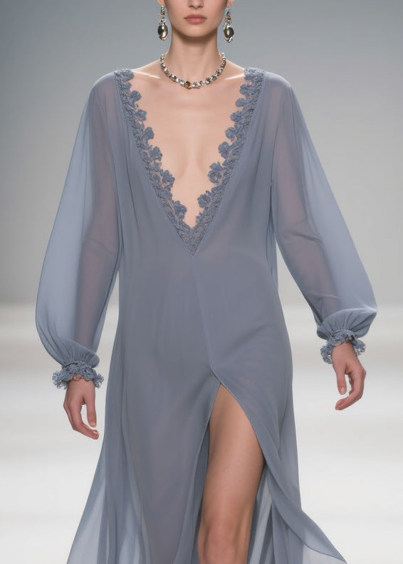 Sheer Lace Trim Deep V-Neck Long Sleeve Lantern Cuff High Split Maxi Gown