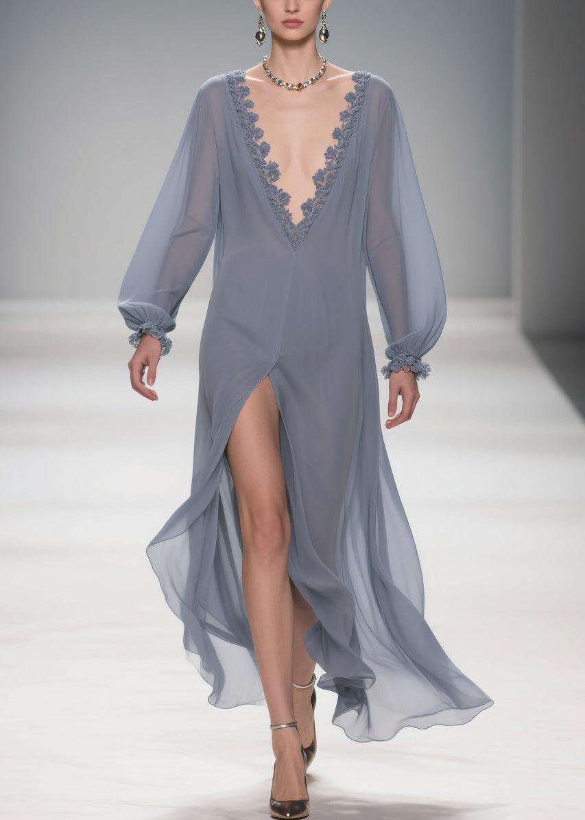 Sheer Lace Trim Deep V-Neck Long Sleeve Lantern Cuff High Split Maxi Gown