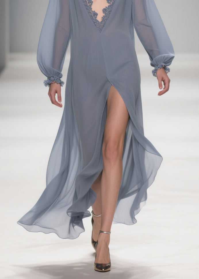 Sheer Lace Trim Deep V-Neck Long Sleeve Lantern Cuff High Split Maxi Gown