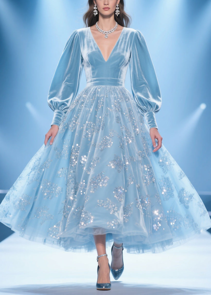 Velvet Deep V-Neck Long Puff Sleeve Sequin Floral Tulle Party Midi Dress