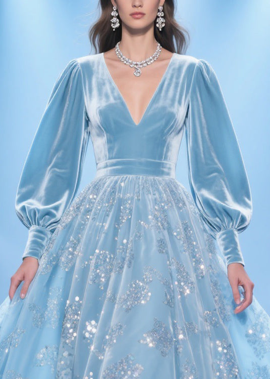 Velvet Deep V-Neck Long Puff Sleeve Sequin Floral Tulle Party Midi Dress