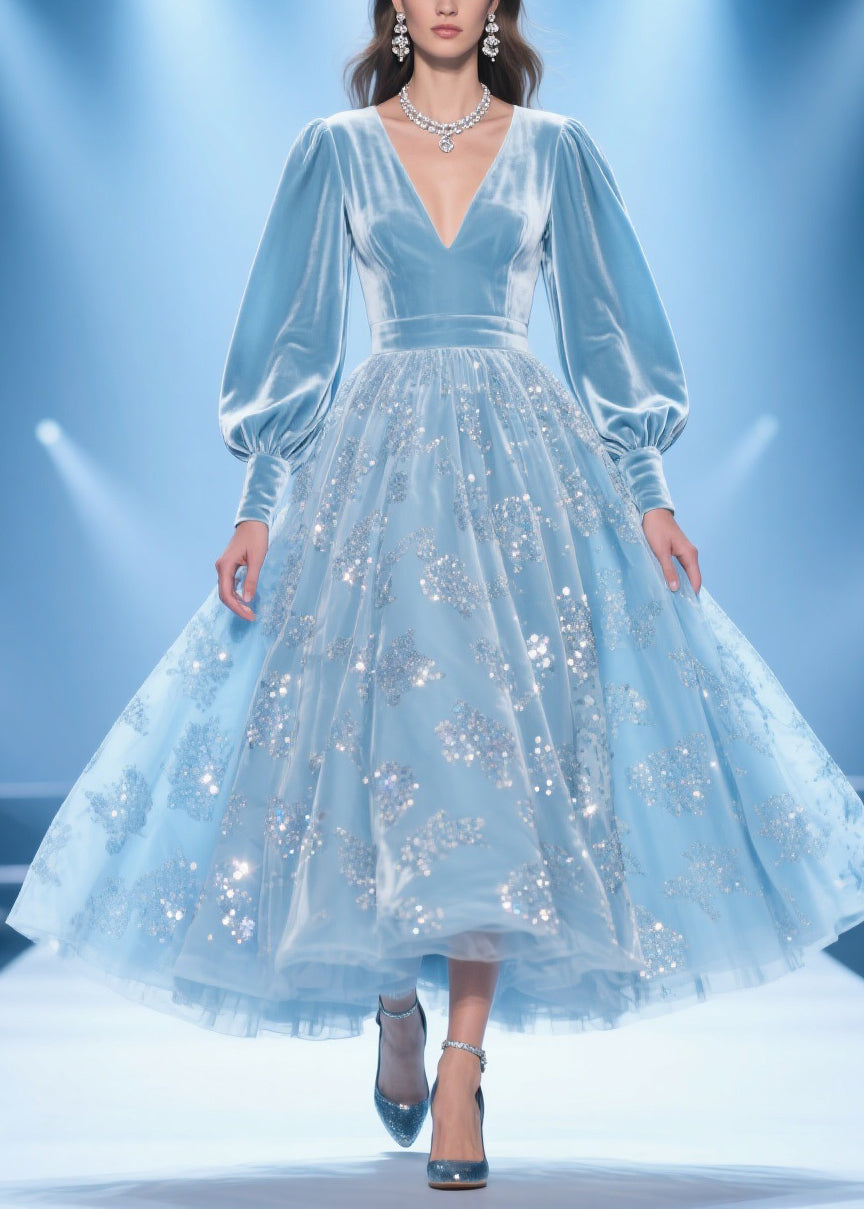 Velvet Deep V-Neck Long Puff Sleeve Sequin Floral Tulle Party Midi Dress