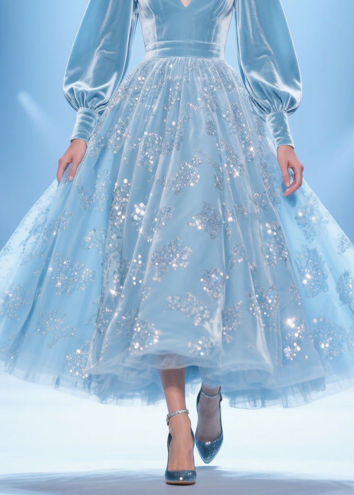 Velvet Deep V-Neck Long Puff Sleeve Sequin Floral Tulle Party Midi Dress