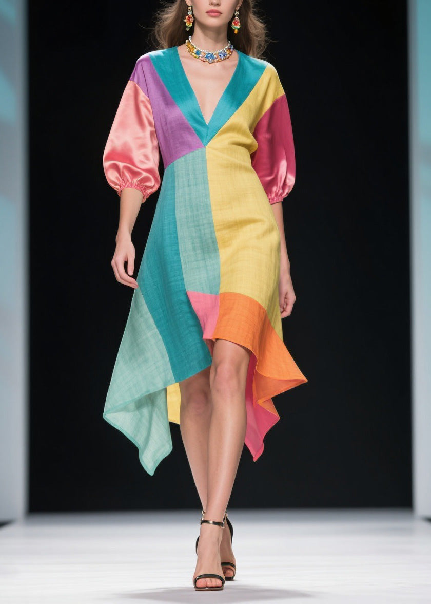 Deep V-Neck Puff Sleeve Geometric Print Handkerchief Hem Summer Midi Dress