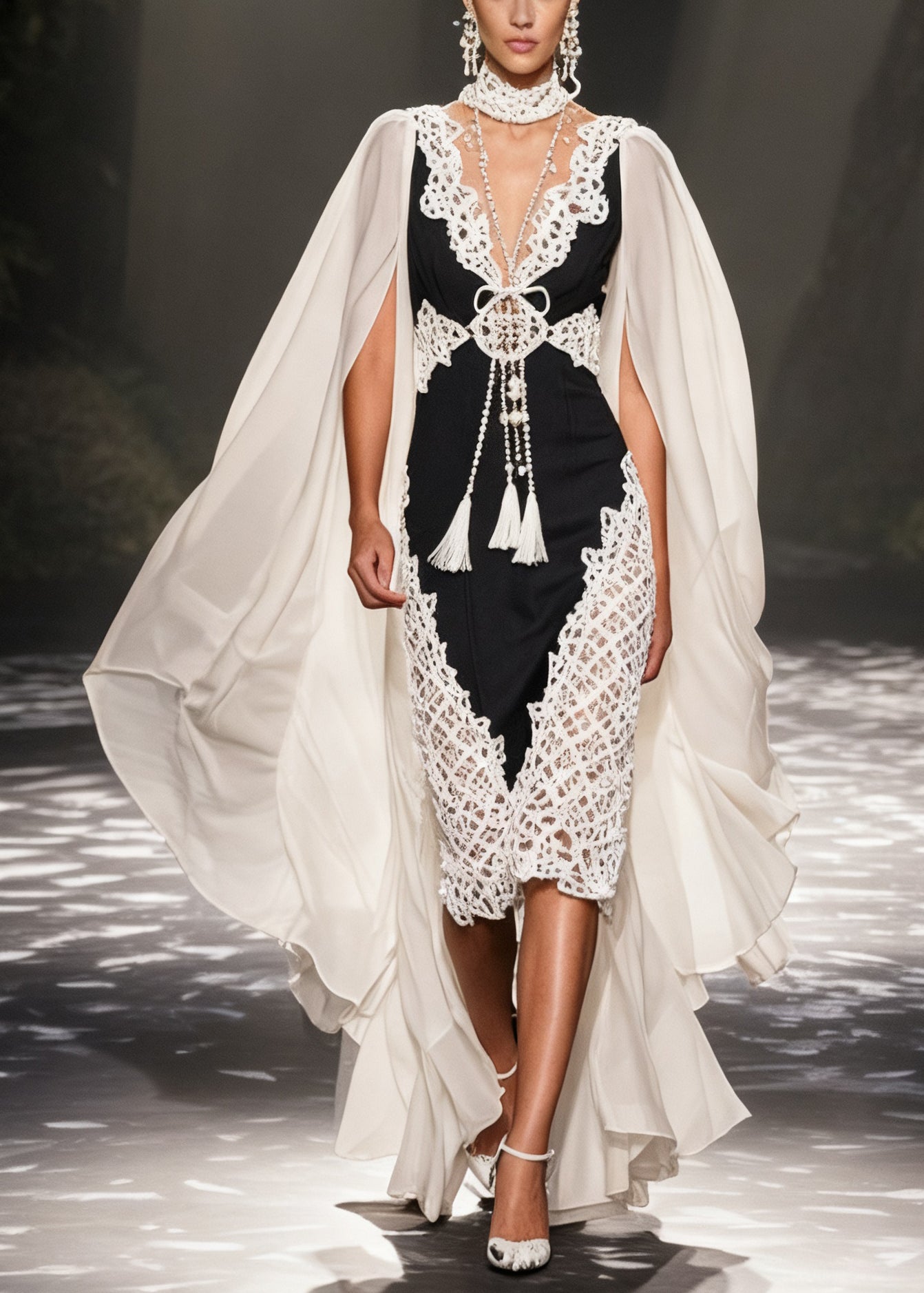 Deep V-Neck Lace Applique Tassel Cape Sleeve Bodycon Midi Dress