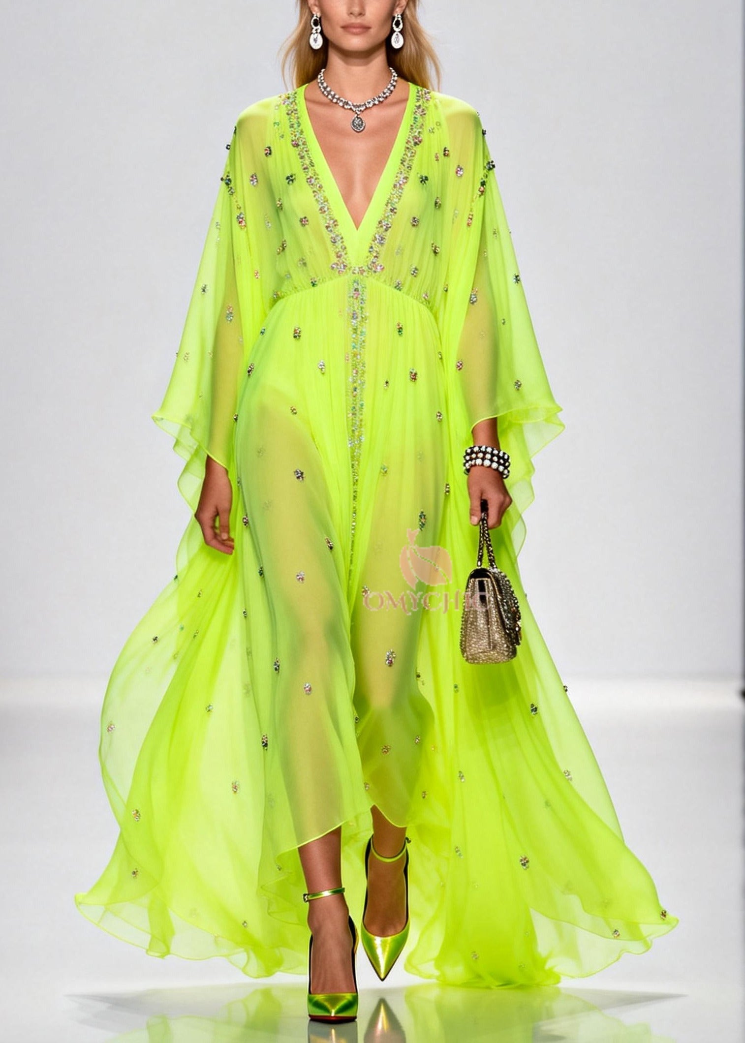 Rhinestone Scatter Deep V-Neck Empire Waist Cape Sleeve Sheer Chiffon Maxi Gown
