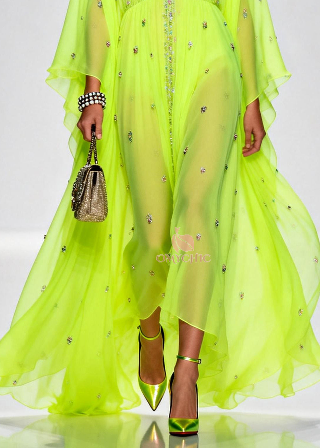 Rhinestone Scatter Deep V-Neck Empire Waist Cape Sleeve Sheer Chiffon Maxi Gown