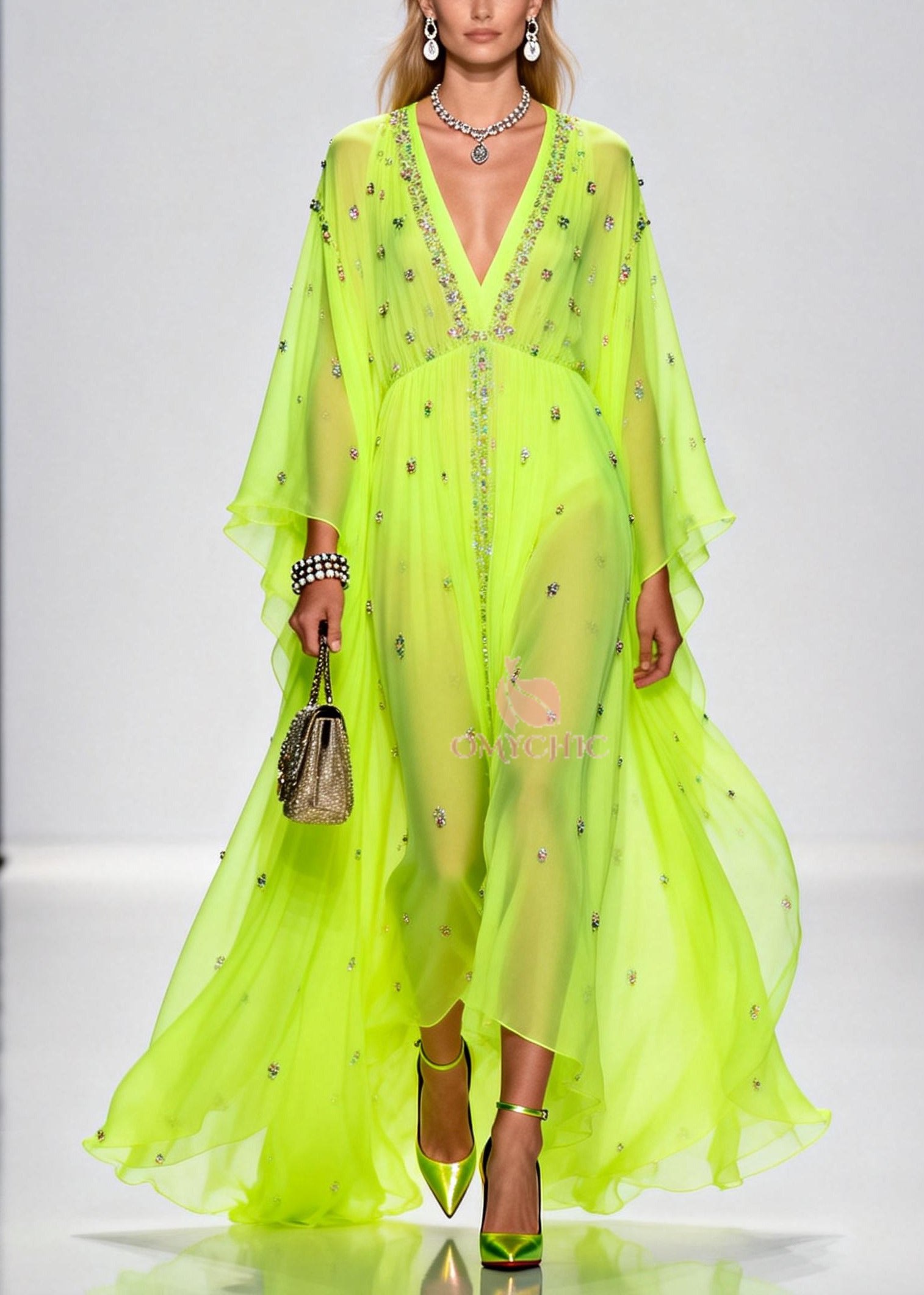 Rhinestone Scatter Deep V-Neck Empire Waist Cape Sleeve Sheer Chiffon Maxi Gown