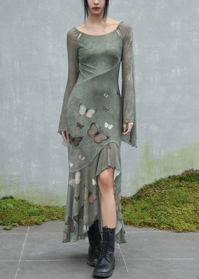 Original Design Green O-Neck Butterfly Tulle Maxi Dresses Flare Sleeve 2