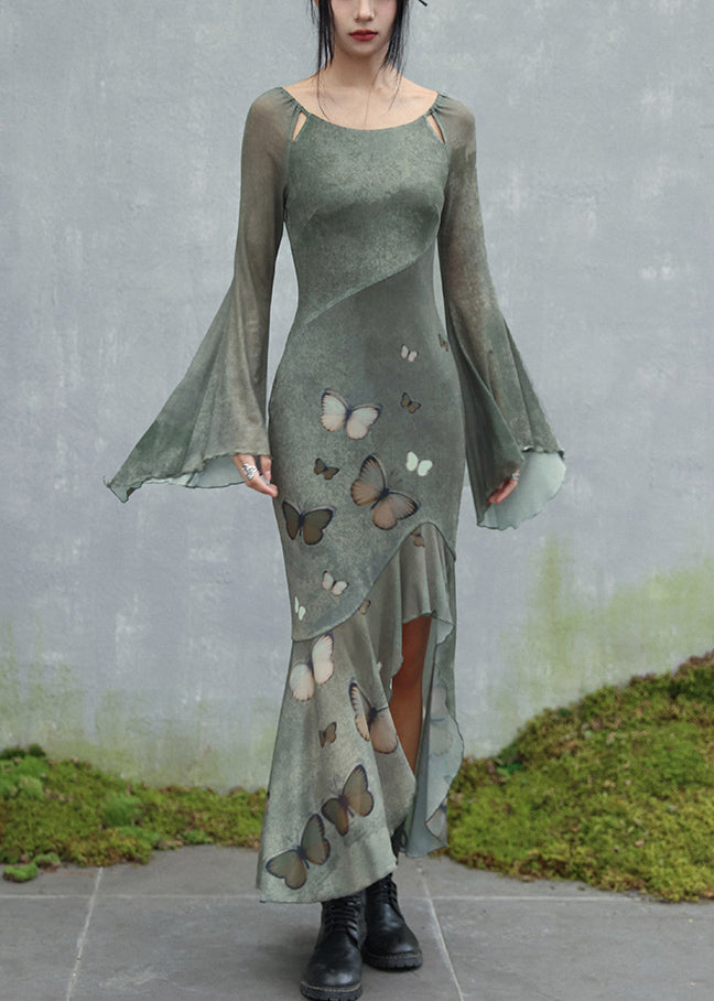 Original Design Green O-Neck Butterfly Tulle Maxi Dresses Flare Sleeve 4