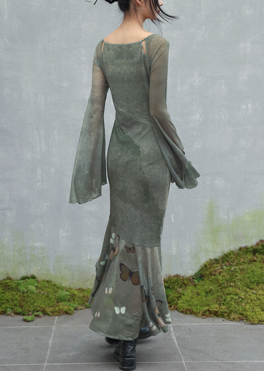 Original Design Green O-Neck Butterfly Tulle Maxi Dresses Flare Sleeve 5