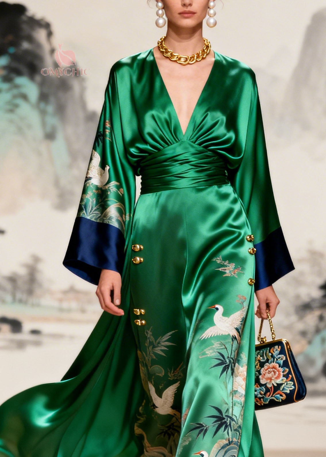Satin Crane Print Deep V-Neck Kimono Sleeve Wide Leg Jumpsuit