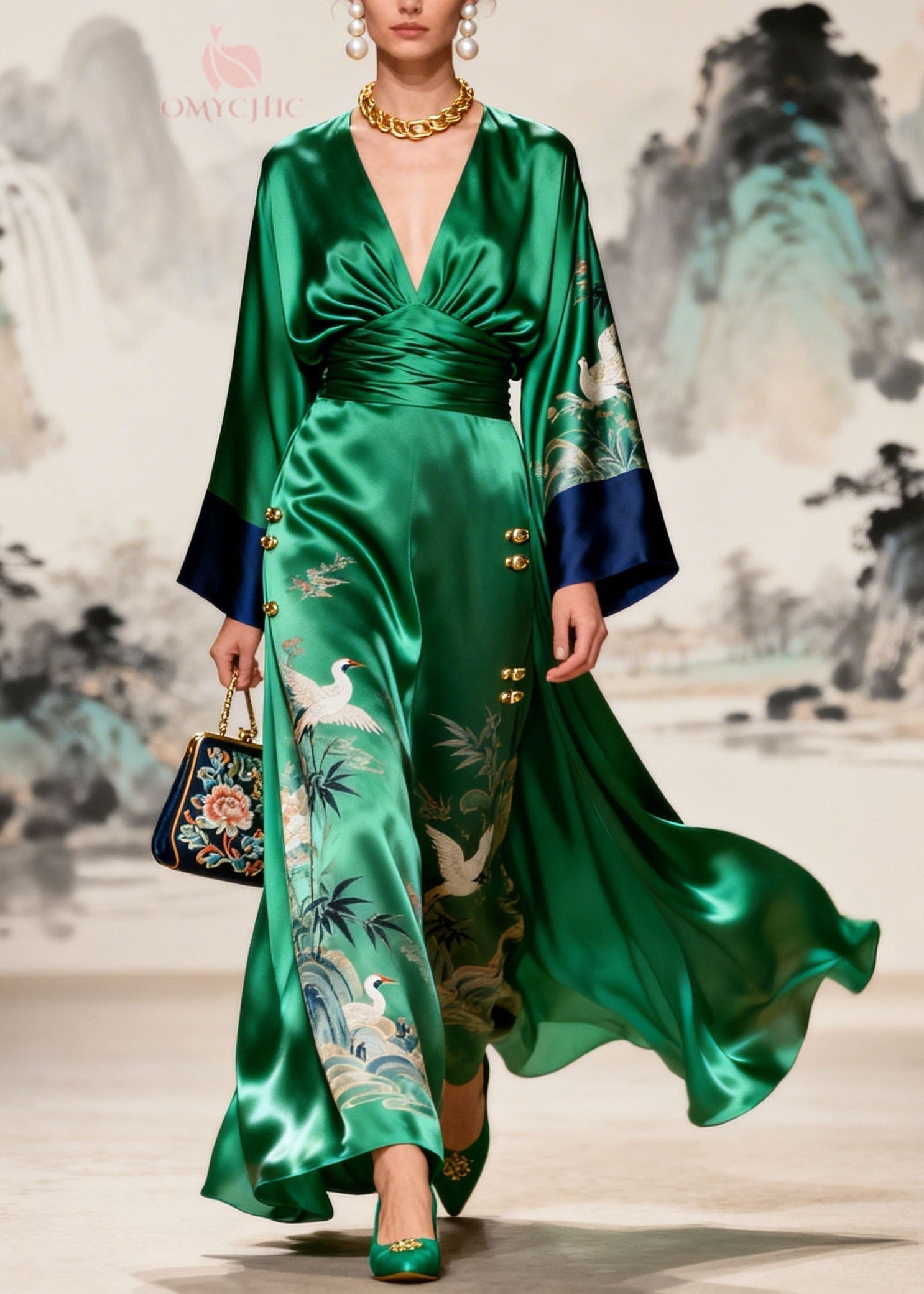 Satin Crane Print Deep V-Neck Kimono Sleeve Wide Leg Jumpsuit