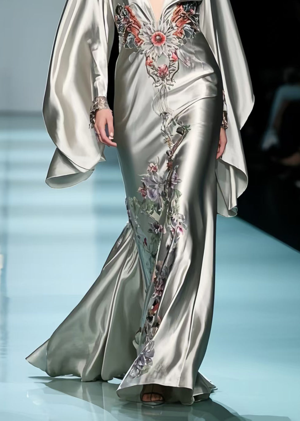 Satin Deep V-Neck Floral Embroidery Batwing Sleeve Floor Length Maxi Gown